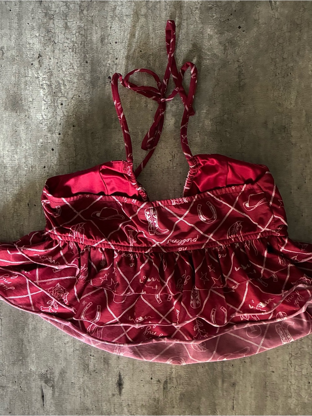 Red Patterned Halter Ruffle babydoll Top - Picture 4 of 5
